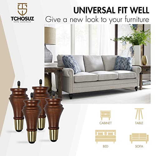 6 inch Solid Wood Furniture Spool Legs with Gold Caps, 4PCS Walnut - color: Walnut, size: 6"/ 15cm