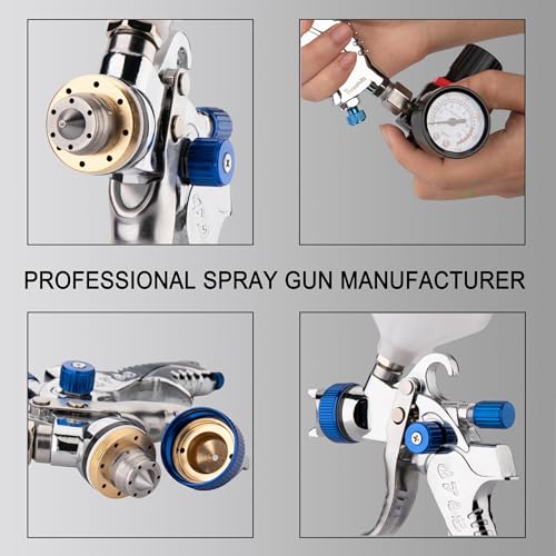 Professional HVLP Spray Gun, 1.4/1.7/2.0mm Nozzle HVLP High Atomization Flow Adjustable Pneumatic Gravity Spray Gun with 600cc Cup & Gauge for Paint Touch-Up(Blue) - color: X-2008-1.4 set-blue