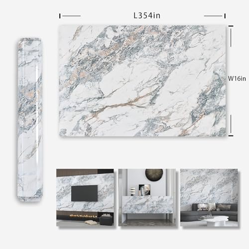 White Blue Marble Contact Paper kitchen Granite Laminate peel and stick Countertops Wallpaper16"x354"Removable Vinyl Wrap Shelf Liner Counter Top Pvc Sticker for Renter Wall bathroom bedroom Upcycling - color: Bule White Gold, size: 16" x 354"