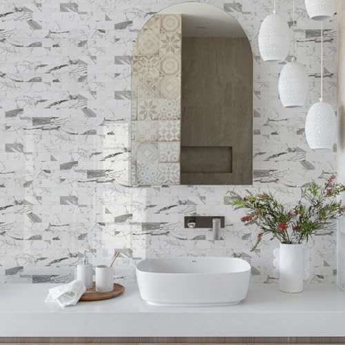 STICKGOO 10-Sheet Subway Tile Peel and Stick Backsplash, Seamless Design Glossy Carrara White Kitchen Backsplash Wall Tiles, Waterproof Stick on Tile for Bathroom, RV, Fireplace - color: Glossy Carrara White
