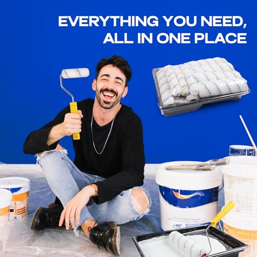 Navatiee 32PCS Paint Roller Kit with 2-4ft Extension Pole, 9" & 4" Roller Covers, Paint Brushes, Tray Liners & Tape, Professional House Painting Supplies for Walls, Ceilings & Cabinets
