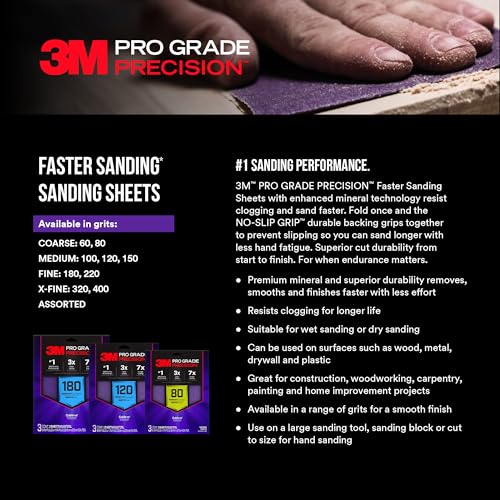 3M Pro Grade Precision Faster Sanding Sheets, NO-Slip Grip Backing, Assorted Grits 80/120/180, 9" x 11", 3 Sheets Each, 9 Total - style: Assorted Grits 80/120/180, 3 Sheets Each, 9" x 11"