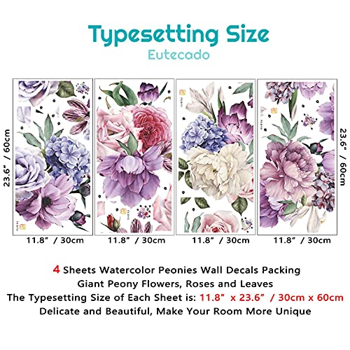 Flowers Wall Stickers Peony Rose Wall Decals for Living Room, 4 PCS Giant Peonies Wall Art Murals Delicate Blossom Art Applique Delicate Peony Floral Wallpaper for Bedroom Girls Room