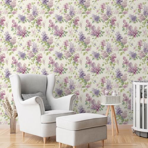 Lilac Floral Wallpaper Peel and Stick Wallpaper Purple 17.7"x160" - size: 17.7" x 160"