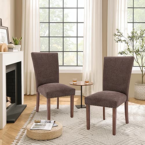Parsons Dining Chairs Set of 2, Upholstered Nailhead Dining Room Kitchen Side Chair with Thick Cushions and Wood Legs, Brown - color: Brown, size: set of 2