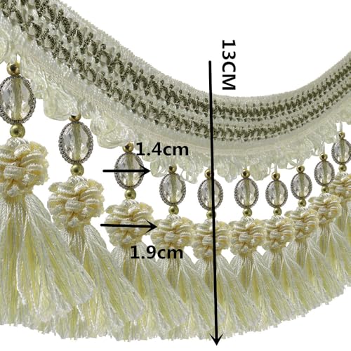 3yards Pom Pom Curtain Fringe Trim Beads Ball Tassel Trimming Sewing Ribbon Upholstery Fabric (Beige) - color: beige