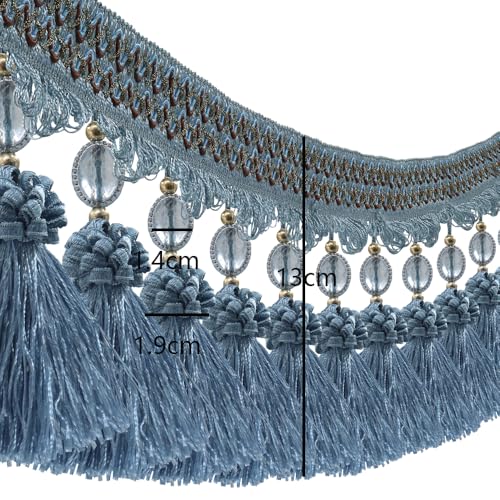 3yards Pom Pom Curtain Fringe Trim Beads Ball Tassel Trimming Sewing Ribbon Upholstery Fabric (Blue) - color: blue