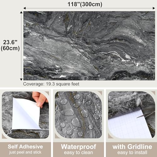 Dark Gray Gold Marble Peel and Stick Countertops Contact Paper 23.6"x118" Glossy Waterproof Marble Granite Wallpaper for Kitchen Table Cabinet Self Adhesive Removable Bathroom Wall Covering - color: Glossy Dark Grey, size: 23.6" x 118"