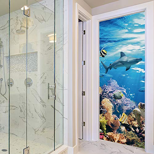 Nature Art Self Stick Vinyl Door Mural Sticker, Peel and Stick Removable Refrigerator Wrap Decal, Marine Life, 32.3x78.7, 2 Pcs Set - color: Marine Life