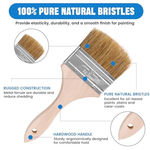 ETERNA 6Pack Household Chip Paint Brush 2.5inch Natural Bristles Wooden Handle Flat Brushes Set for Painting, Glue, Oil, Acrylic, Stain - color: 6 Pack- 2.5"