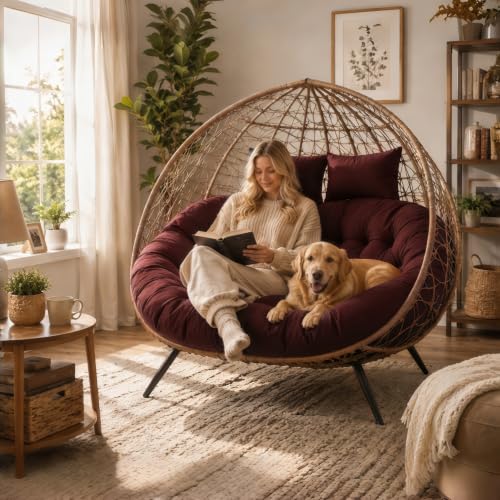 Outdoor Double Egg Chair Cushion Replacement Waterproof Thickened Cotton Hanging Basket Egg Chair Cushion 55x35 Inch Universal Fit for Patio Wicker Swing Chair (Red) (Cushion ONLY) - color: Red