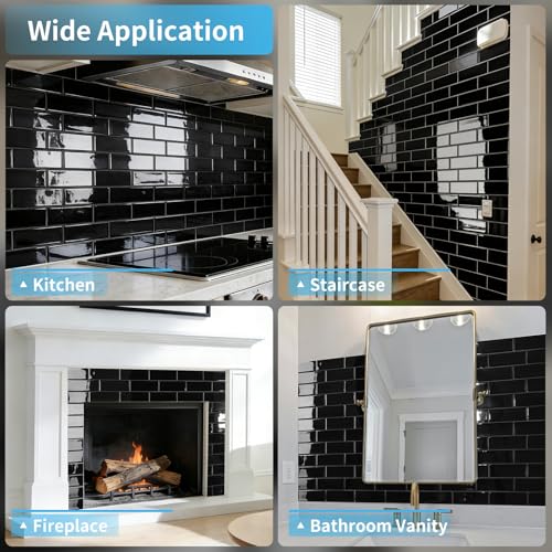 Art3d Subway Design Wall Tile, Peel and Stick Backsplash, 10-Pack, Black - color: Black