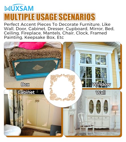 4Pcs Wood Carved Onlay Appliques, Unpainted Wooden Corner Carving Decals - size: 3.94 x 3.94 inches