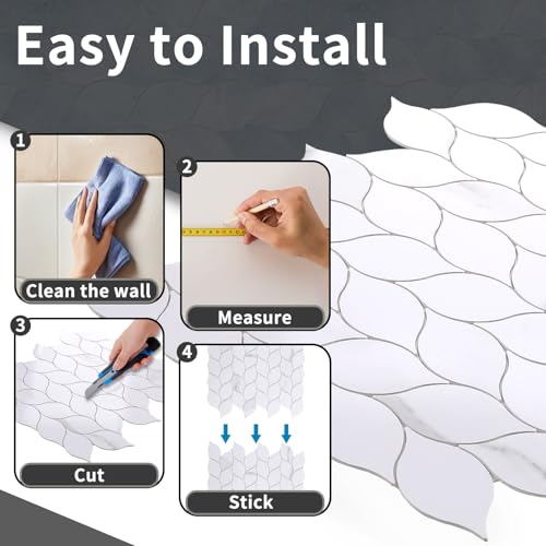 Tilingview 10-Sheet Peel and Stick Backsplash Tile for Kitchen, Self-Adhesive Mosaic Glossy Leaf Stick on Wall Tile with Gaps (Calacatta White) - color: Leaf Gaps Calacatta White