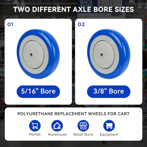 5" Wheels for Cart, 5/16" Axle Polyurethane Shopping Cart Wheels Replacement Casters 1200lbs Total Capacity (4-Pack 5/16" Bore, Blue) - style: Blue(5/16'' Bore)