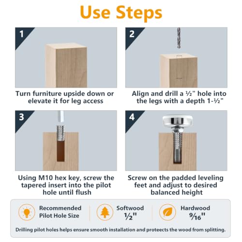 POWERTEC Threaded Leveling Feet 8PK with 3/8"-16 Threaded Inserts, Heavy Duty Adjustable Furniture Levelers with Large Nylon Foot for Cabinets, Benches, Tables & More (71189-P2) - size: Leveling Feet Insert, Set of 8
