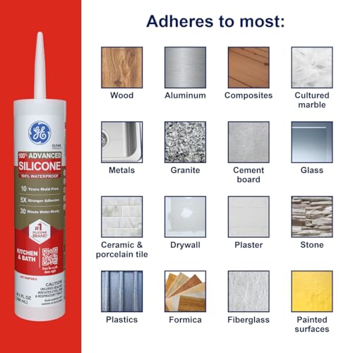 GE Advanced Silicone Caulk for Kitchen & Bathroom, Clear, 10 fl oz Cartridge, 12 Pack - 100% Waterproof Silicone Sealant, 5X Stronger Adhesion, Shrink & Crack Proof - size: Pack of 12, style: Clear