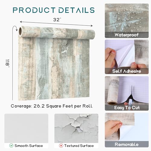 VEELIKE Large Size Light Blue Weathered Wood Plank Wallpaper Peel and Stick Rustic Wood Contact Paper for Countertops Walls Floors 32''x118'' Waterproof Removable Wood Wallpaper Vinyl for Furniture - size: 32" x 118"