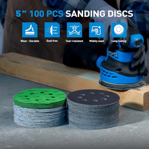 S SATC 5 Inch Wet Dry Sanding Discs 100 Pack, 8 Holes Hook and Loop Sandpaper, Assorted 180 to 5000 Grits Orbital Sander Sand Paper for Wood, Auto Body, Metal Finishing