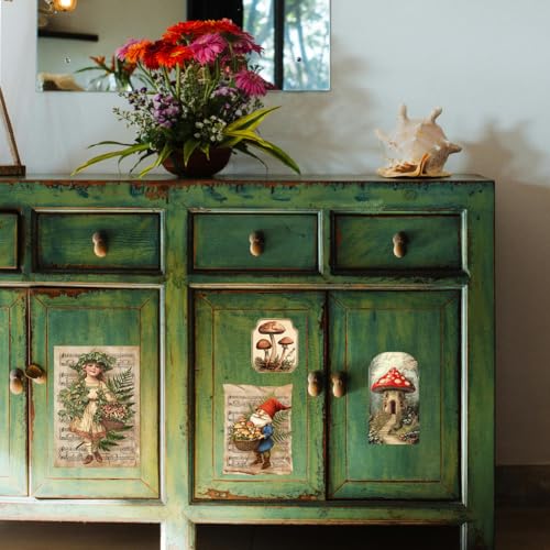 Peacoblue Mushrooms with Gnomes Rub On Transfers for Furniture 6"x12" - style: Vintage Mushrooms with Gnomes