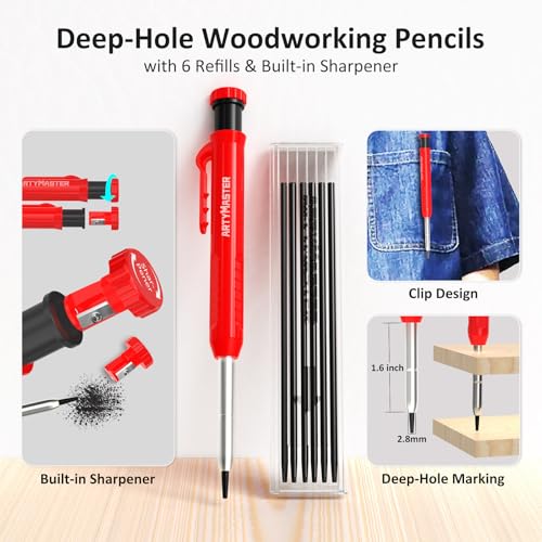 3.8"Mini 3D Multi-Angle Measuring Square Ruler, WT102A High Precision Hole Scribing Woodworking Tools, 0-90° Aluminum Alloy Carpenter Square Wood Working Tools, Carpenter Pencils 6 Refills. - color: 3.8 inch Square+Pencil, style: Imperial