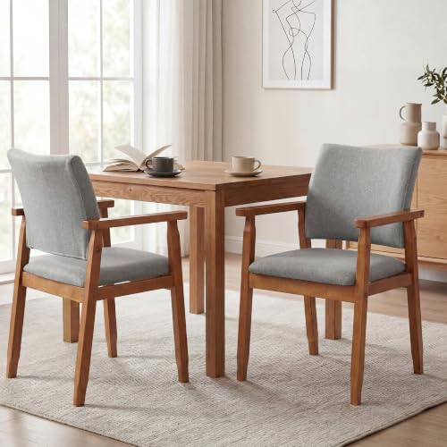 GOTMINSI Mid-Century Modern Linen Dining Chair with Arms, Solid Wood Frame, 320 lbs Weight Capacity, Grey Upholstered Accent Chair for Kitchen Dining Room Living Room (2pcs) - color: Grey, size: 2pcs