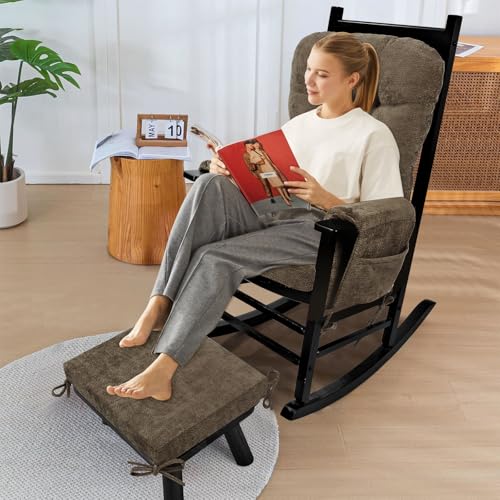 5 PCS Glider Rocker Replacement Cushions with Storage Side Pocket, Luxuriy Chenille Fabric Foam & Microfiber Filling, Thickened & Supportive Rocking Chair Cushion Set, Brown - color: Brown