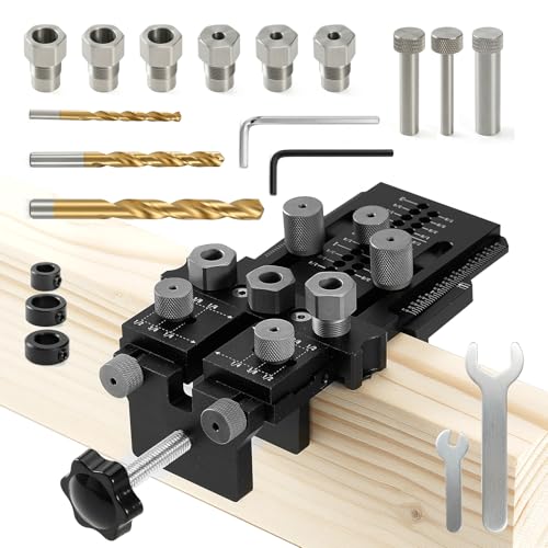 Woodworking Dowel Jig Kit, Precision Drill Guide with 1/4 3/8 1/2 Inch Bushings & Drill Bits, Adjustable Doweling Jig for Straight Holes, Quick Clamp System for Furniture Cabinet DIY Wood Joints - color: Black