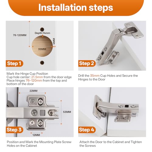 HBL' 4 Pack 45° Corner Cabinet Hinges, 45 Degree Angled Hinge Replacement for Diagonal Wall Cabinets, 35MM European Soft Close Hinges for Frameless Doors