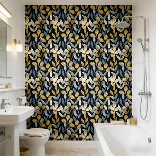 Black and Gold Leaf Peel and Stick Wallpaper 17.7" x 354" - color: Blue/gold/Black, size: 17.7" x 354"