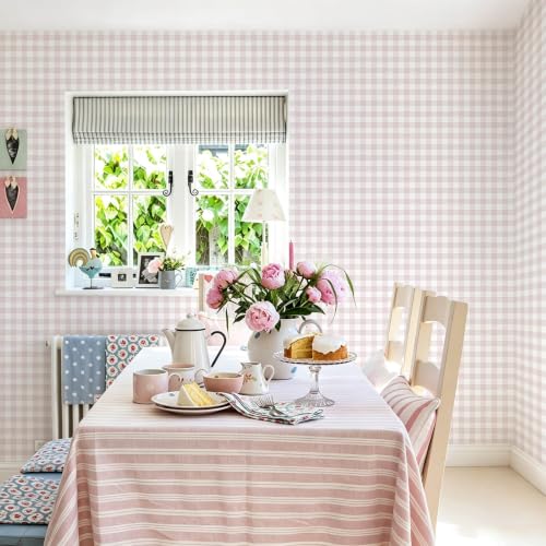 Peel and Stick Wallpaper for Bedroom Pink and White Plaid 196"×17.3" - color: Pink and White, size: 17.3" x 196"