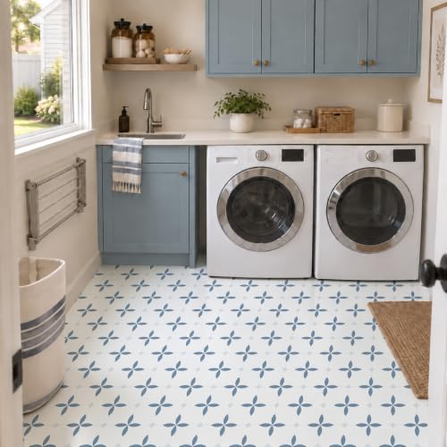MORCART 20Pcs Peel and Stick Floor Tile 7.87" x 7.87" Blue - color: Blue+White