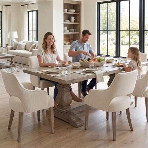 chairus Farmhouse Dining Chairs Set of 4 with Arms, Upholstered Linen Fabric Kitchen & Dining Room Chairs, Curved Open Back Chairs with Solid Wood Legs & Thick Cushion for Dining/Living Room, Cream - color: Cream