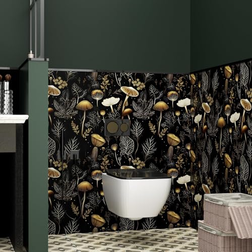 Laatse Dark Mushroom Wallpaper Peel and Stick 17.5" x 393",Black Gold - color: Black Gold, size: 17.5" x 393"