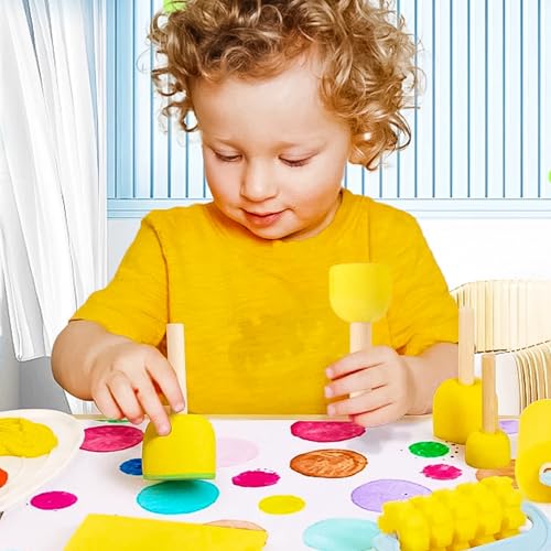 100 Pcs Round Paint Sponges Set, 5 Sizes Sponge Brushes for Painting, Sponge Paint Brushes for Acrylic Painting, Wooden Handle Craft Sponges for DIY, Crafts and Kids Arts - style: 100 Pcs Yellow
