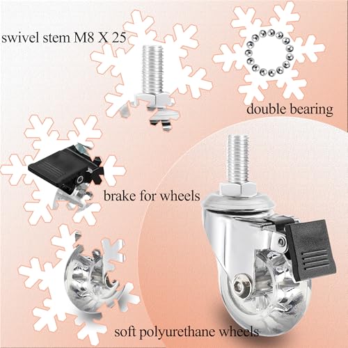 2" Stem Caster Wheels, M8×25mm, with Brake, Clear, Set of 4 - color: Clear Brake, size: 2",M8x25