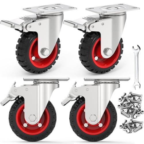 4 Inch Caster Wheels Heavy Duty with Dual-Lock Safety Brake and Rubber Tire Wheels, Heavy Duty - 300 Lbs Per Caster for Workbench, Trolley, Cabinet, Swivel Rubber Wheel 4-Packs with mounting Hardware - size: 4 Inch