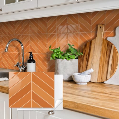 10 Sheets Thicker Herringbone Peel and Stick Backsplash(Orange,12.6”x9.9”) - color: Orange
