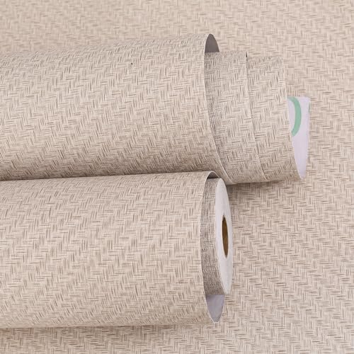 Haimin Fabric Wallpaper Textured Contact Paper (24in X 393in) Grasscloth Wallpaper Peel and Stick Faux Linen Wall Paper Waterproof Vinyl Self Adhesive (Light Brown-1) - color: Light Brown-1