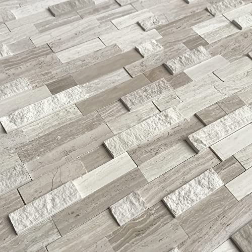 SUNWINGS 5-Sheet Peel and Stick Mosaic Natural 3D Stone Self Adhesive Marble Tiles, 11.5" x 10.7" Stick on Backsplash for Kitchen Bathroom Fireplace Vanity, Mixed Tan - color: Mixed Tan