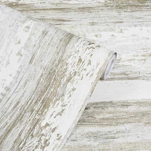 WENMER White and Brown Rustic Wood Grain Wallpaper, 17.3" x 118", 14.1 sq.ft. Peel and Stick, Waterproof, Multi-Surface Use (Pack of 4) - size: 17.3" x 118" (Pack of 4)