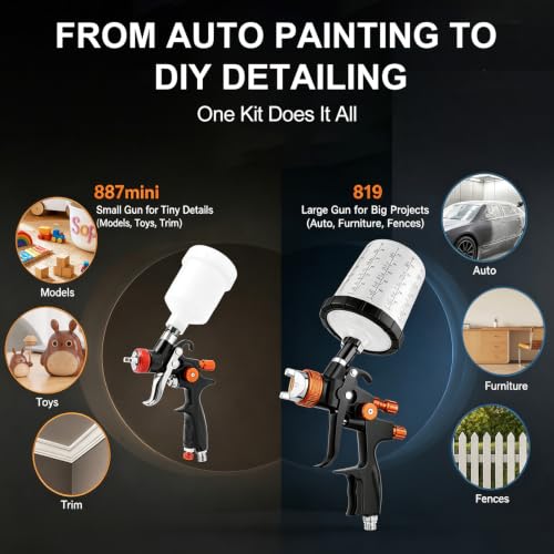 819 HVLP Air Spray Gun Kits, 2Pcs Large/Small Automotive Paint Gun 4Nozzles