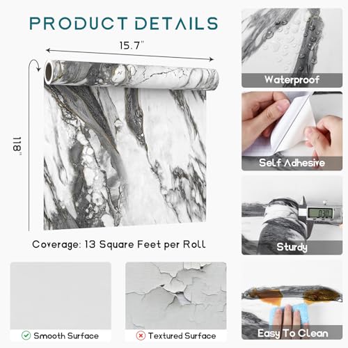 VEELIKE Black and White Gold Marble Contact Paper for Countertops Waterproof Peel and Stick Countertops 15.7''x118'' Self Adhesive Matte Marble Wallpaper Vinyl Counter Top Wrap for Kitchen Bathroom - size: 15.7" x 118"