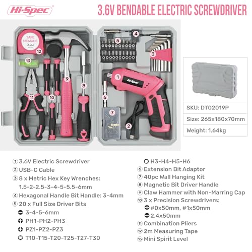 Hi-Spec 4V USB Electric Screwdriver Tool Kit for Home Repairs, Pink
