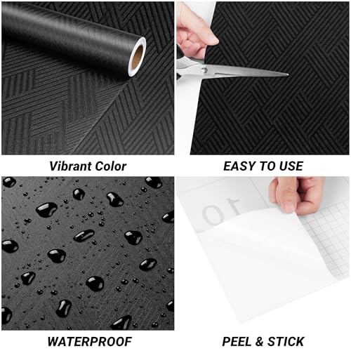 Decotalk Black Textured Wallpaper Peel and Stick Textured Wallpaper for Bedroom Walls Self Adhesive Black Contact Paper Line Geometric Texture Wall Paper 12x120 Inch - size: 12" x 120"