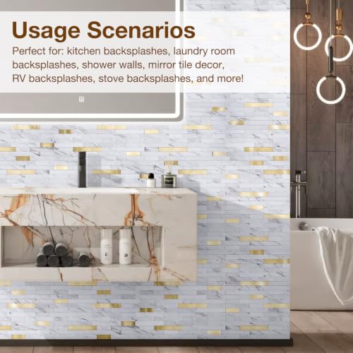 Peel and Stick Backsplash Tile Waterproof Removable PVC Wall Sticker 3D Faux Stone Marble Brick White Accent Panels (American Walnut - Metal Gold, 40 Tiles - 18 sq. ft. (1.68 m²)) - color: American Walnut - Metal Gold, size: 40 Tiles - 18 sq. ft. (1.68 m²