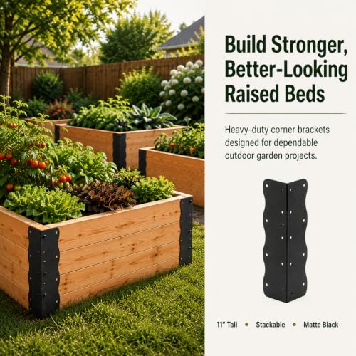 8PCS Raised Garden Bed Corner Brackets, 11x3x3 Inch Rustproof Metal Connectors with Screws, Heavy Duty Stackable Matte Black Bed Edging Support for 20-24 Inch Vegetable Planter Box Frame