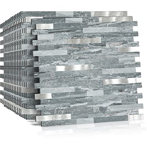 Midcard 10 Sheets Peel and Stick Backsplash PVC Wall Tile,for Kitchen Backsplash - color: Rectangular Dark blue with metallic silver