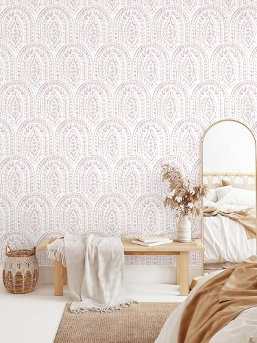 EeeComing Pink Peel and Stick Wallpaper Boho Wall Paper Peel and Stick Modern Contact Paper Self Adhesive Wallpaper for Bedroom and Bathroom Removable Cabinet Shelf Liner Vinyl 17.3”X197” - color: Pink, size: 17.3" x 197"