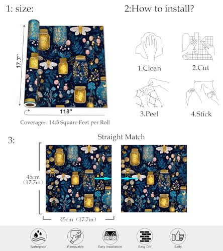 Enchanted Firefly Jar Peel and Stick Wallpaper, Night Botanical Wallpaper - color: ML-M036, size: 17.7" x 118"